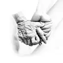 A graceful caregiver holding hands with an elderly person, surrounded by symbols of love and care tattoo design idea