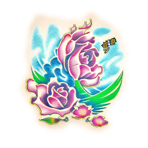 Olas japonesas con flores tattoo design idea