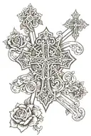a cross with the names majdouline,sandy,sergio,milena  tattoo design idea