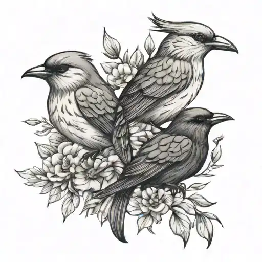 A tattoo design of four birds representing the client's daughters Mia, Ellie, Reese, and Josie, with each bird in a different style to reflect their unique personalities tattoo design idea