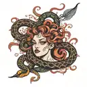 medusa black red snakes and a saying " What we lived through is living in us"  tattoo design idea