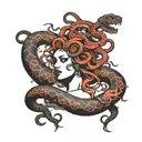 medusa black red snakes and a saying " What we lived through is living in us"  tattoo design idea