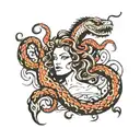 medusa black red snakes and a saying " What we lived through is living in us"  tattoo design idea