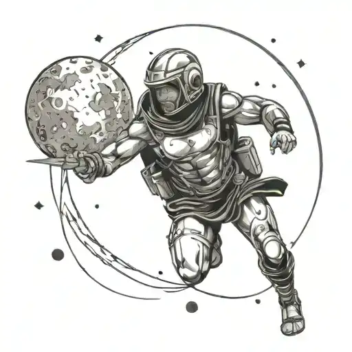 A Spartan warrior running a Spartan race in outer space surrounded by galaxies and planets tattoo design idea