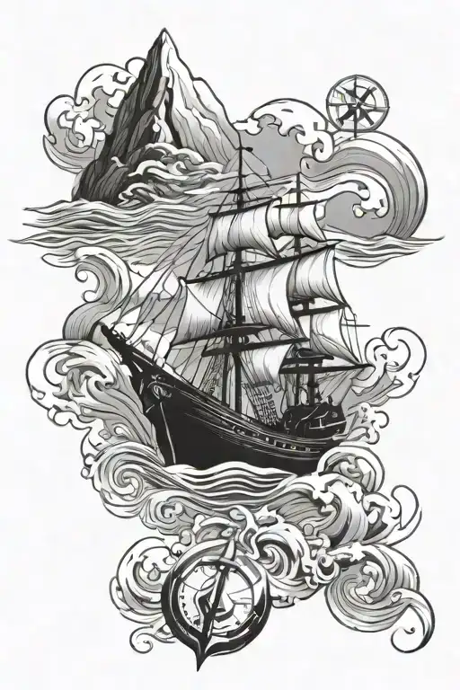 waves, boat fishing, anchor, compass rose,  tattoo design idea