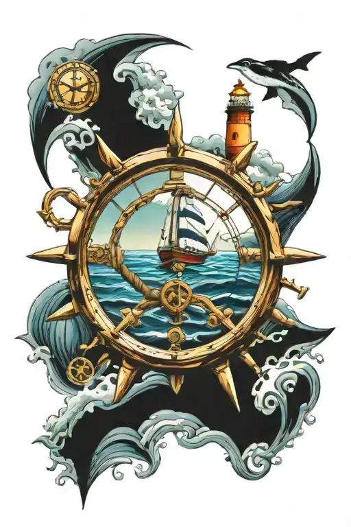 waves crashing, boat steering wheel, boat sailing, lighthouse, anchor, compass tattoo design idea