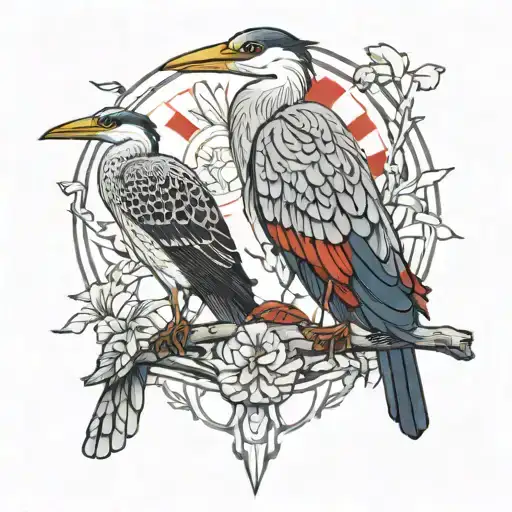 3 birdsside by side: a Grey heron, a magpie, and a red kite tattoo design idea