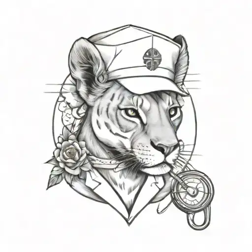 A lioness wearing a nurse's cap and holding a stethoscope, surrounded by MMA and Judo symbols tattoo design idea