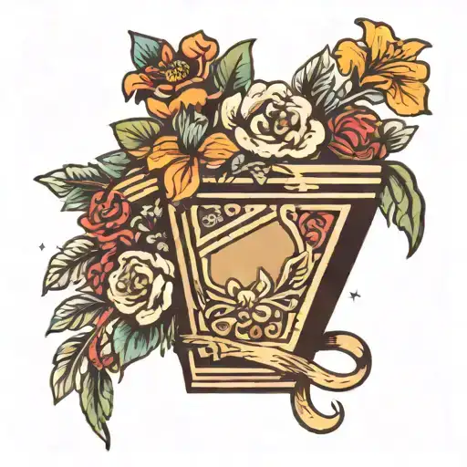 coffin with flowers and ribbon tattoo design idea