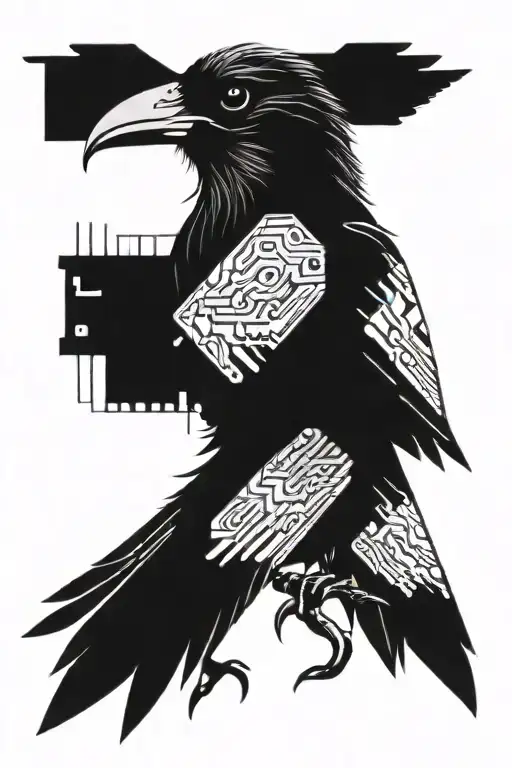A futuristic crow with circuit board wings tattoo design idea