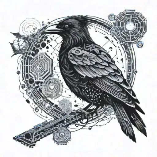 A hacker silhouette surrounded by swirling circuit board patterns, with a crow perched on their shoulder tattoo design idea
