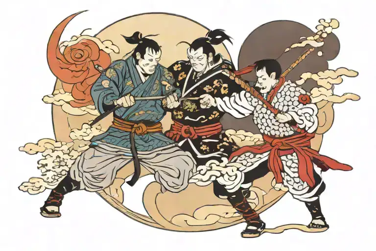 samurai fighting a ninja at night sky tattoo design idea