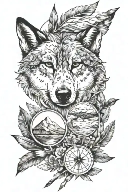 Compas an Cherokee arrow and Wolf and Mountains Lakes Nature tattoo design idea
