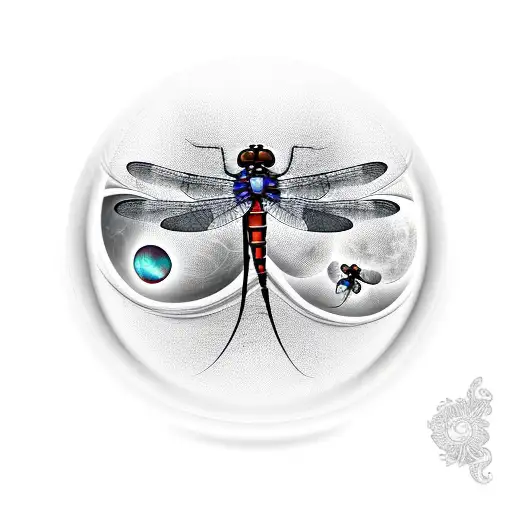 Fortune teller looking into a crystal ball at two dragonflies that represent her sons tattoo design idea