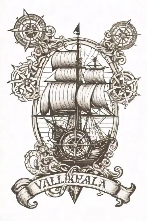 valhalla Viking style featuring ship and compass tattoo design idea