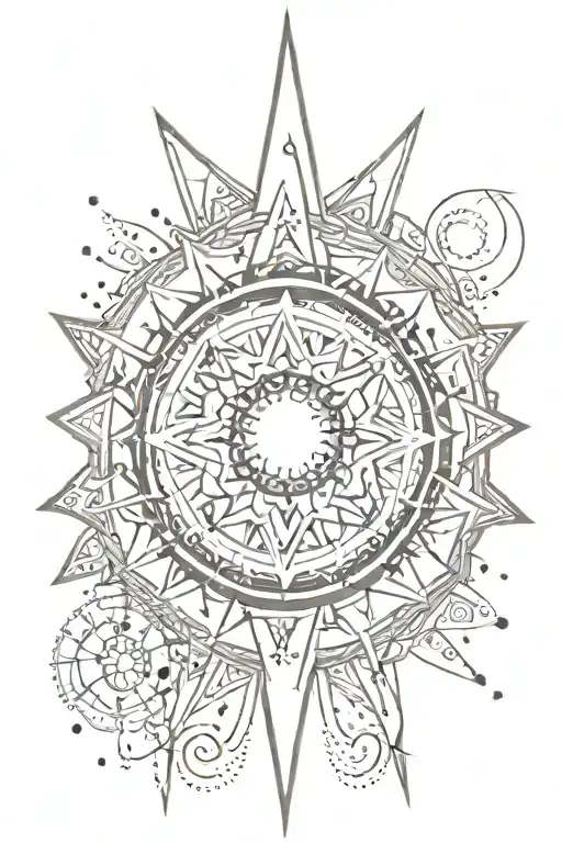 Celestial spine tattoo, a sun focal point below the shoulder blades with a geometric asymmetrical dotwork background. tattoo design idea