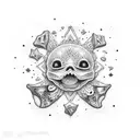 Uma cena de praia com conchas e estrelas-do-mar em estilo pontilhado tattoo design idea