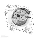 Uma cena de praia com conchas e estrelas-do-mar em estilo pontilhado tattoo design idea