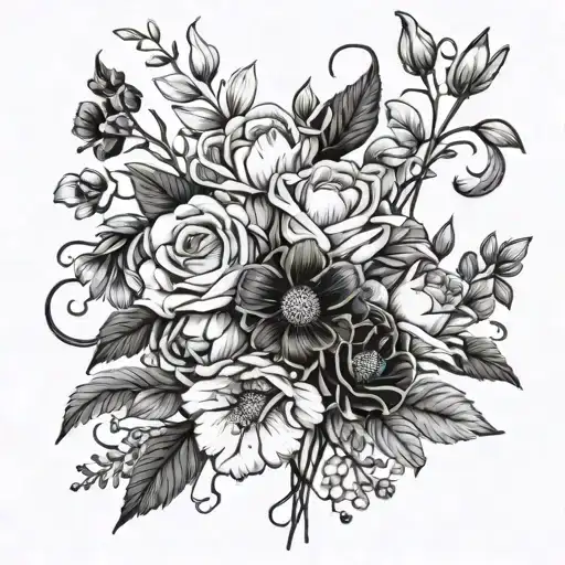 A bouquet of January, March, April, and August birth flowers with intertwining stems tattoo design idea