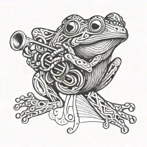 tribal frog playing trumpet  tattoo design idea