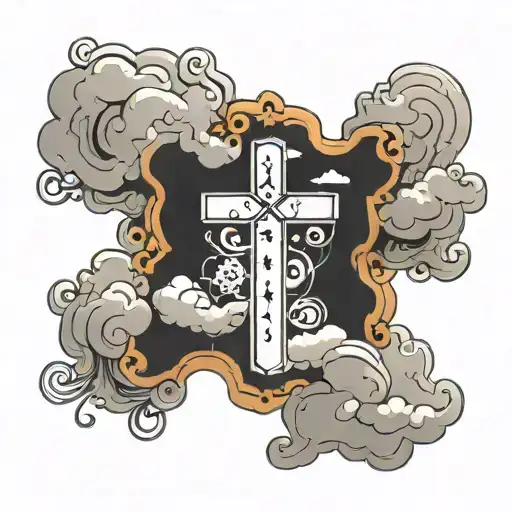 clouds and cross and names written tattoo design idea