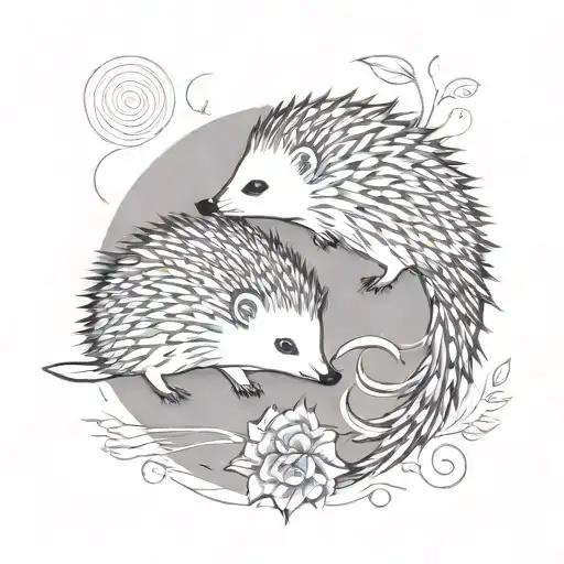 Two hedgehogs/porcupines designed in the form of a yin-yang balance, where there are curled up facing each other  tattoo design idea