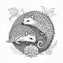 Two hedgehogs/porcupines designed in the form of a yin-yang, where there are curled up facing each other  tattoo design idea