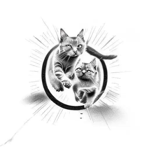 grey and ginger cat chasing each other in bite mark circle  tattoo design idea