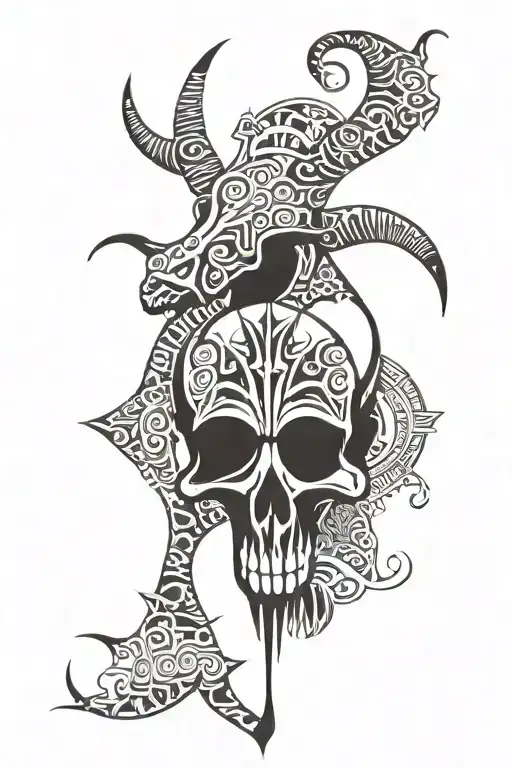 thai and african tribal with intergrated palm trees and longhorn skull  tattoo design idea