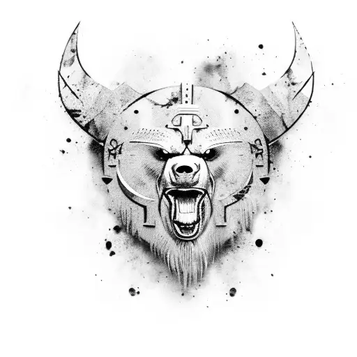 viking female face, blend, bear head, viking axes in the background with ink splatters. make this a dark piece with deta tattoo design idea