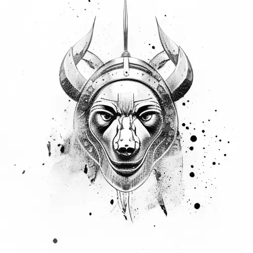 viking female face, blend, bear head, viking axes in the background with ink splatters. make this a dark piece with deta tattoo design idea