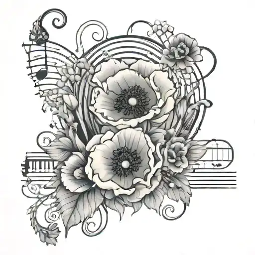 lines, poppies, leo zodiac sign, black, heart, music, flowing piano, tattoo design idea