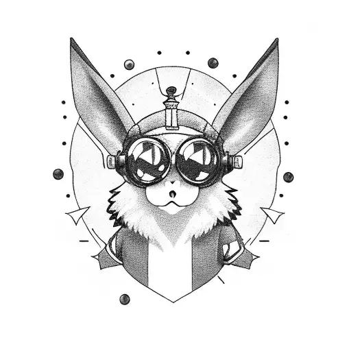 A realistic portrait of Eevee wearing a pilot's cap and goggles, with wings spread out tattoo design idea
