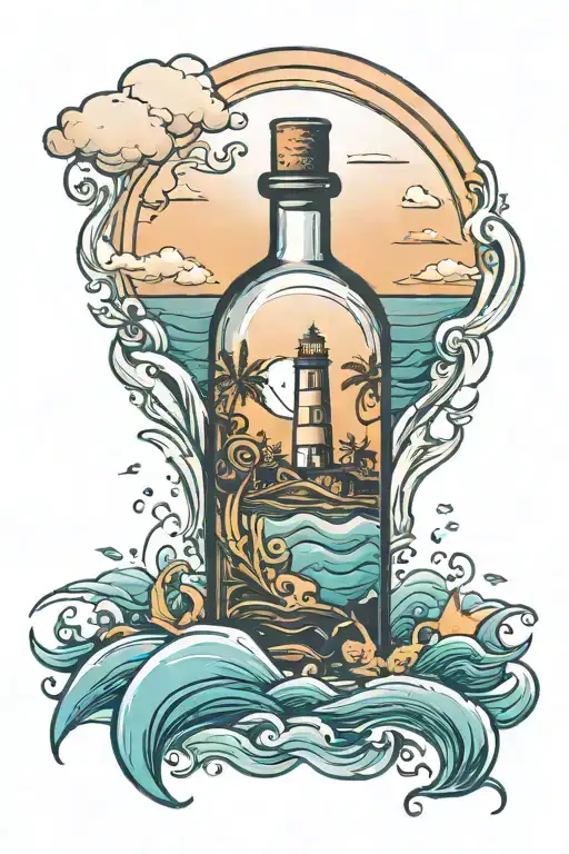 Message in a bottle floating in the sea with sunet and island in the background tattoo design idea