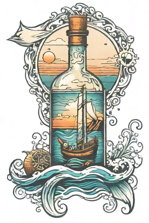 Message in a bottle floating in the sea with sunet and island in the background tattoo design idea