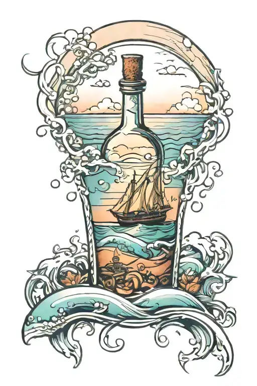 Message in a bottle floating in the sea with sunet and island in the background tattoo design idea