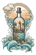 Message in a bottle floating in the sea with sunet and island in the background tattoo design idea