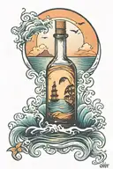Message in a bottle floating in the sea with sunet and island in the background tattoo design idea