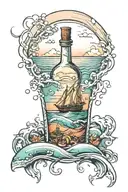 Message in a bottle floating in the sea with sunet and island in the background tattoo design idea