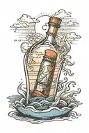Message in a bottle floating in the sea with sunet and island in the background tattoo design idea