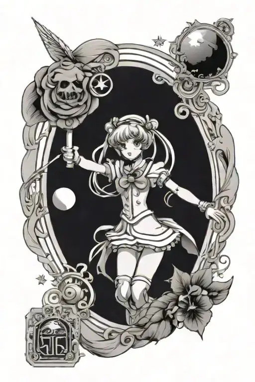 tarot card featuring magical girls like sailor moon and carcaptor sakura  tattoo design idea