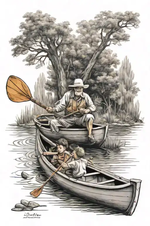 make a tattoo of a grandpa and young boy finishing in a canoe on a pond tattoo design idea