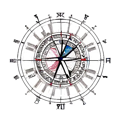 geometric figures that form a compass combined with a clock and the wind rose tattoo design idea
