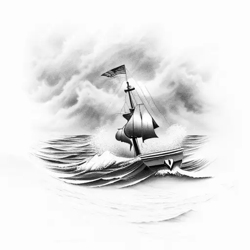 A detailed illustration of a fishing boat navigating through stormy waters, with the sailor and his son braving the elements tattoo design idea