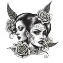 A split-face design featuring a seductive femme fatale on one side and an elegant, sophisticated lady on the other tattoo design idea