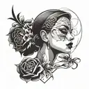 A split-face design featuring a seductive femme fatale on one side and an elegant, sophisticated lady on the other tattoo design idea