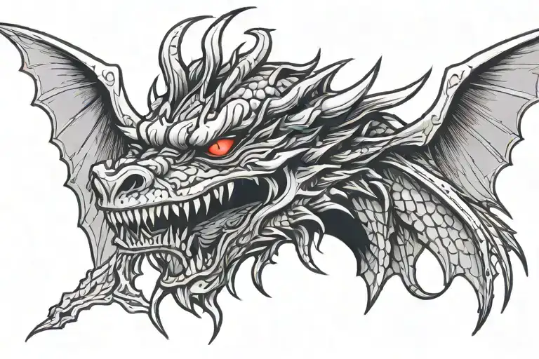 face of Dragon head tattoo design in the middle of a pair of wings for chest tattoo design idea
