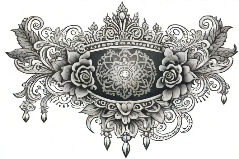 crown with lace and mandala lower abdomen  tattoo design idea