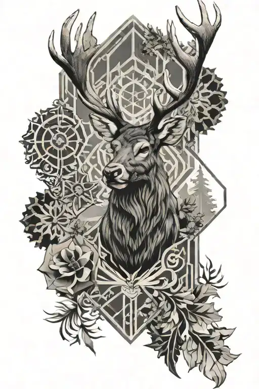 Intricate geometric design incorporating deer, elk, moose, and caribou motifs with hunting elements tattoo design idea