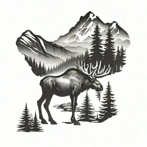 A wilderness landscape with a hidden moose silhouette, blending in with the trees and mountains tattoo design idea